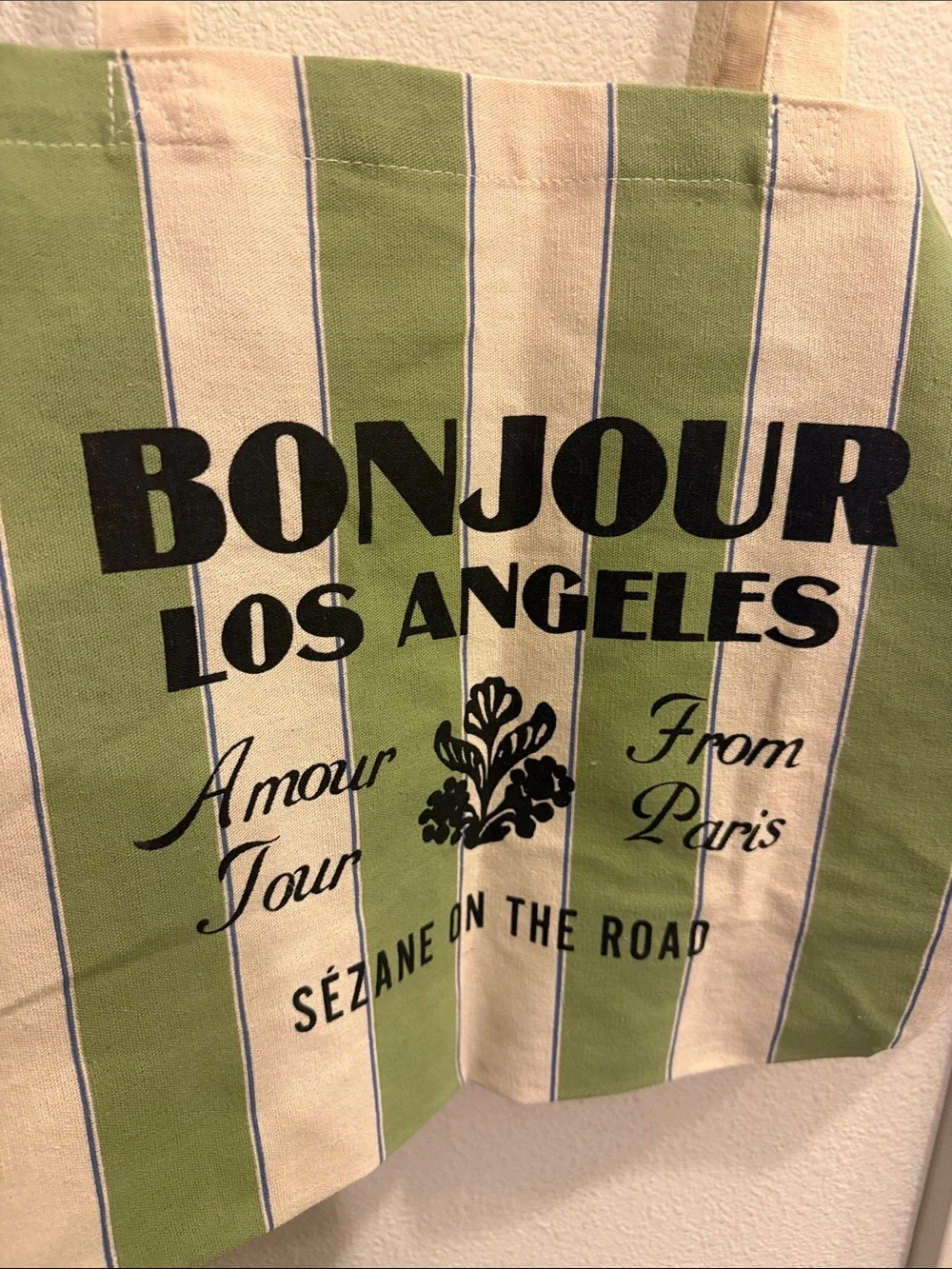 Sezane Green and Cream Striped Tote with Bold Bonjour Los Angeles Print